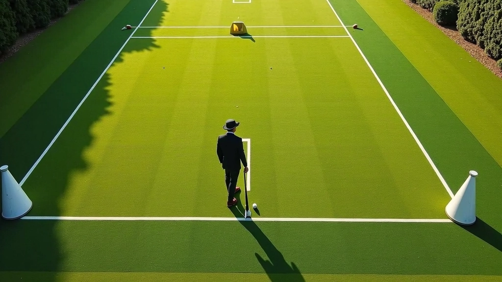 لاعب كروكيه ينفذ تمرين التصويب من مسافة مختلفة مع علامات على الملعب